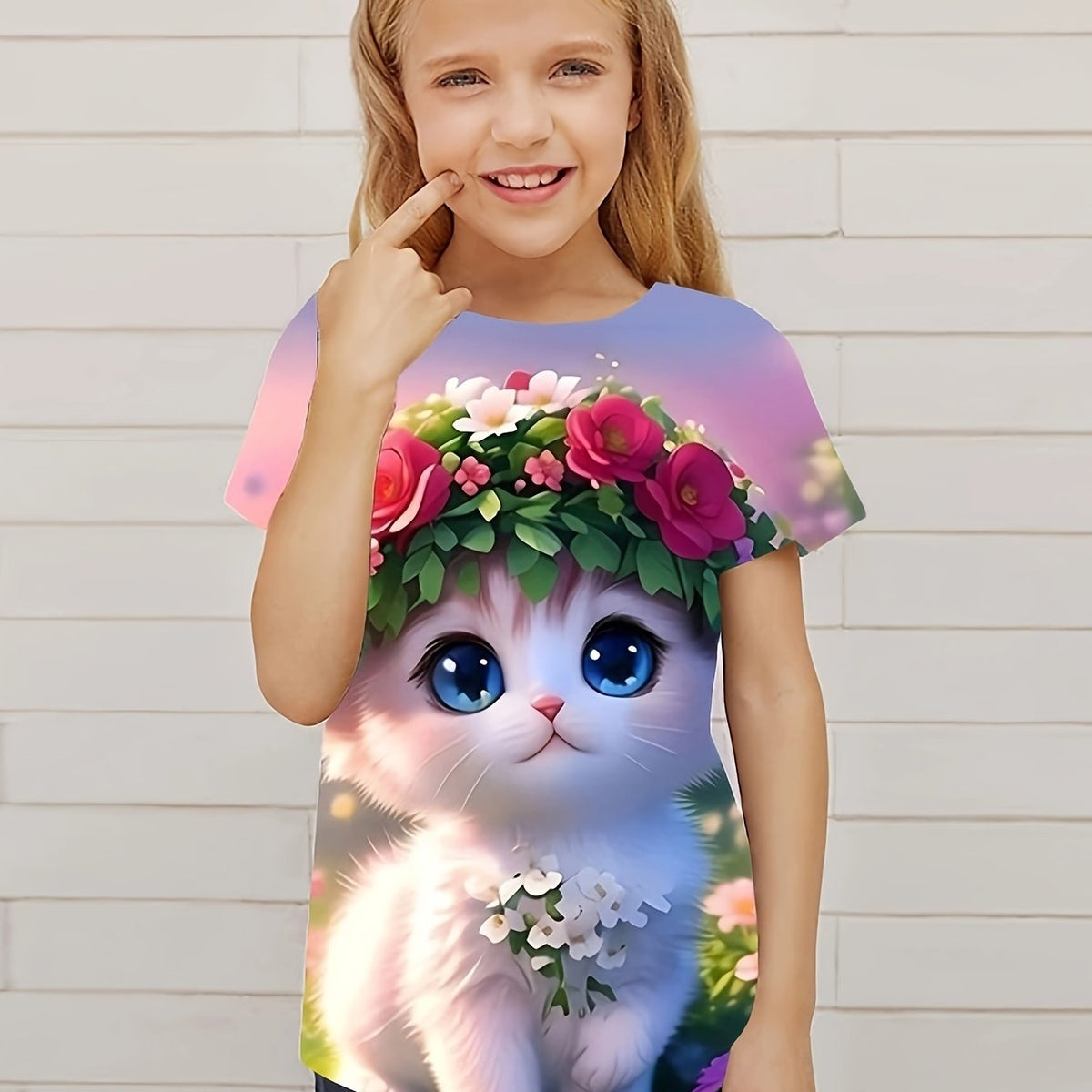 Funny Flower Cat Graphic Short Sleeve T shirt For Girls