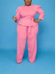 Women's Plus 3/4 Sleeve Peplum Zipper Tops Wide Leg Pant Outfits