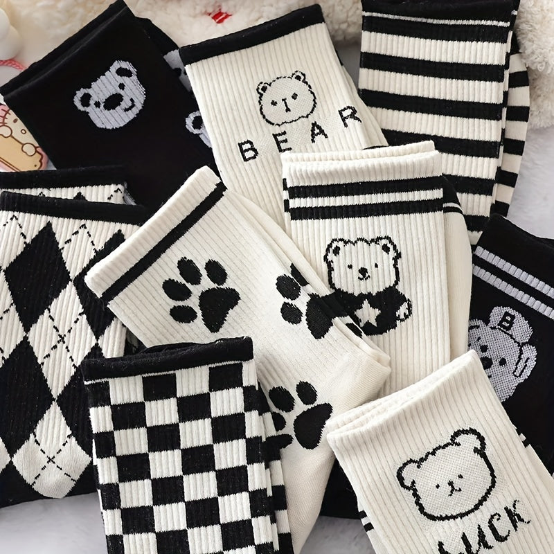 10 Pairs Women's Bear & Plaid Print Mid Tube Socks