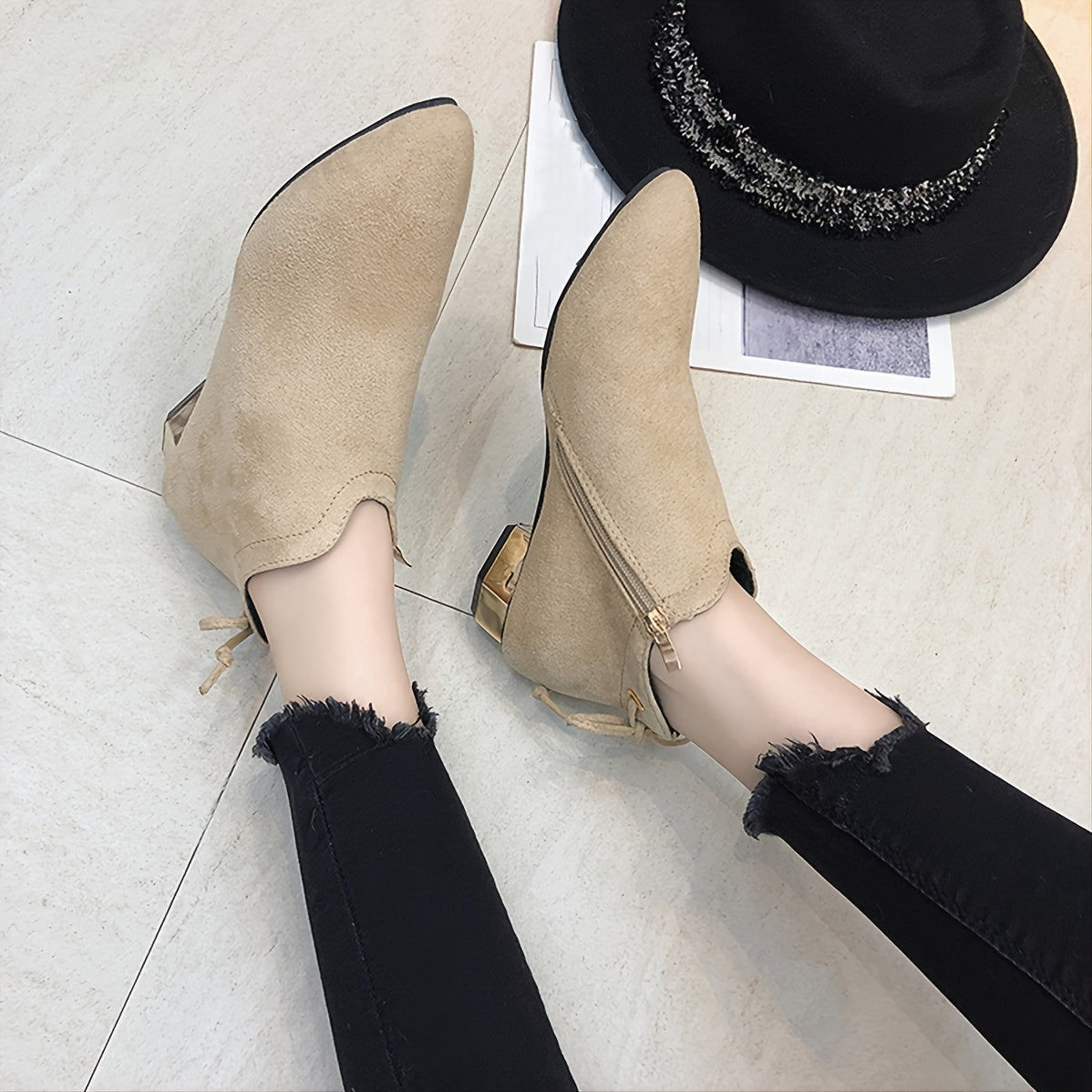 Women's Chunky Heeled Suede Ankle Boots Solid Short Boots