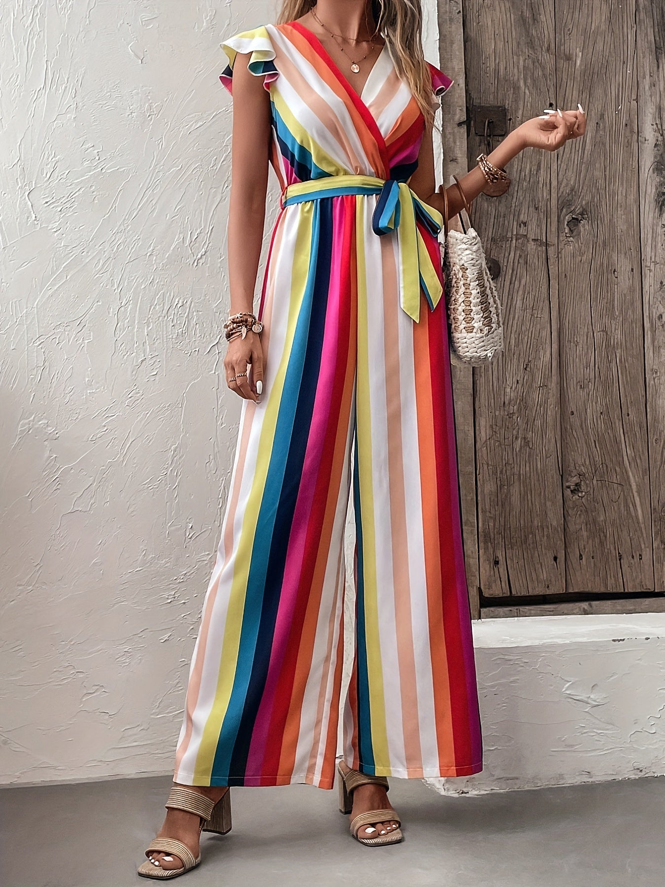 Rainbow Striped Wide Leg Jumpsuit Casual Flutter Sleeve Jumpsuit