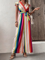 Rainbow Striped Wide Leg Jumpsuit Casual Flutter Sleeve Jumpsuit