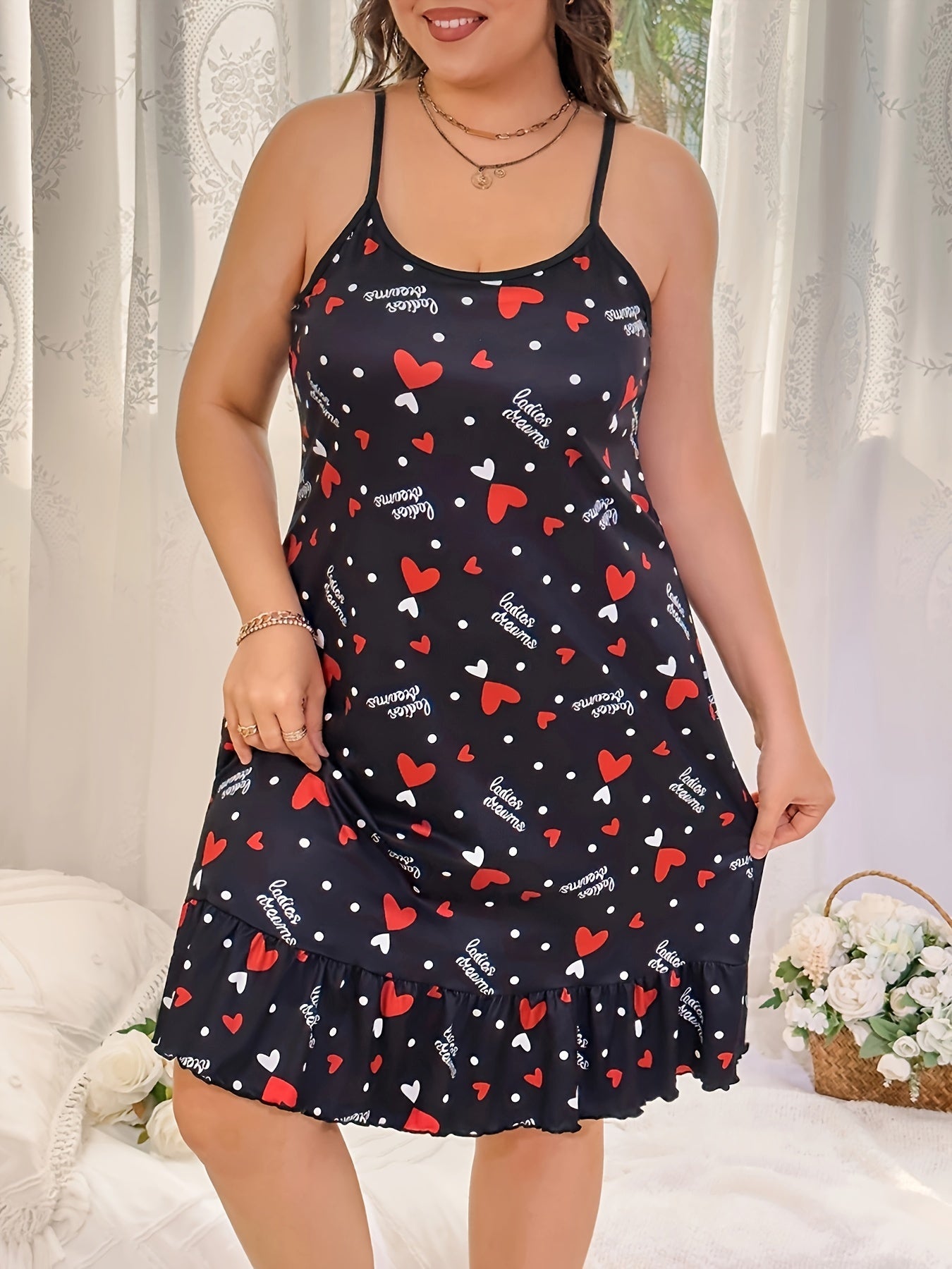  Heart & Letter Print Ruffle Trim Sleep Dress