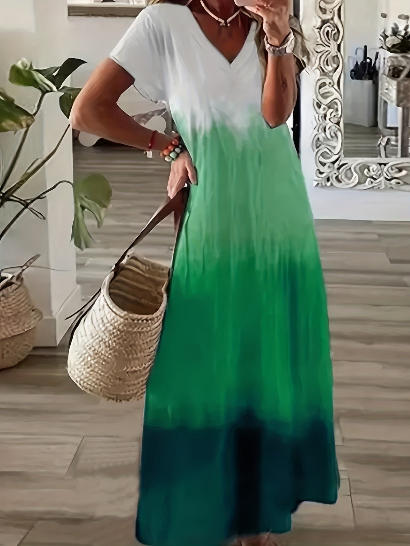 V Neck Ombre Print Maxi Dress Plus Size