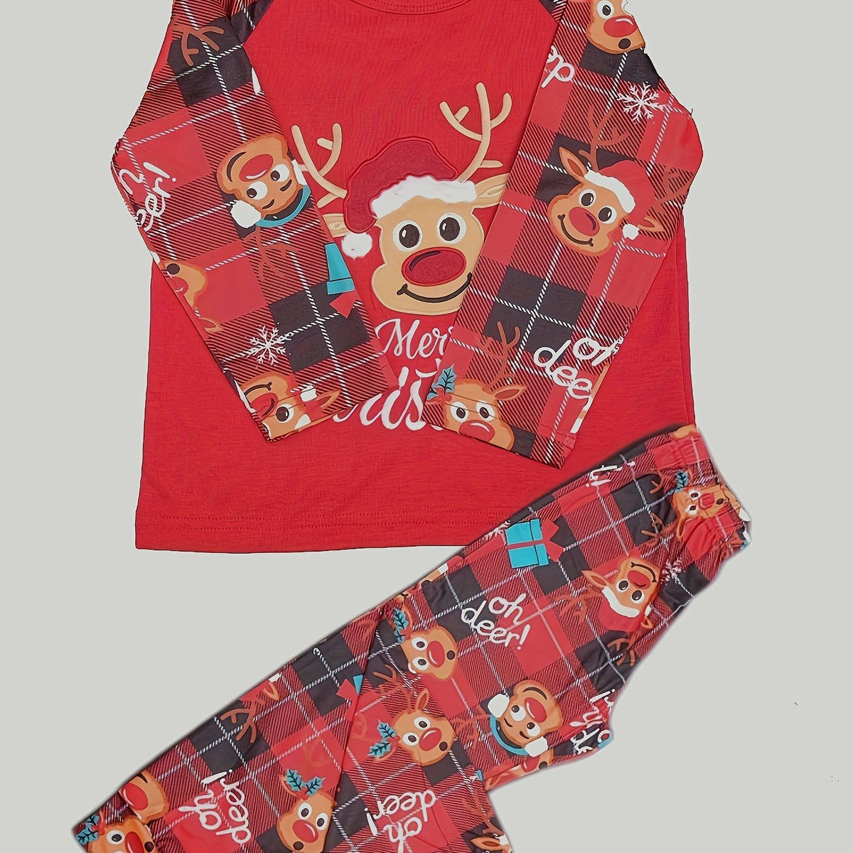 Christmas Elk Print Pajama Set Long Sleeve Top & Plaid Pants Women's Sleepwear