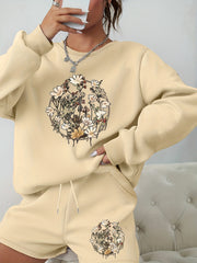  Floral Print Sweatshirt & Shorts 2 Piece Set