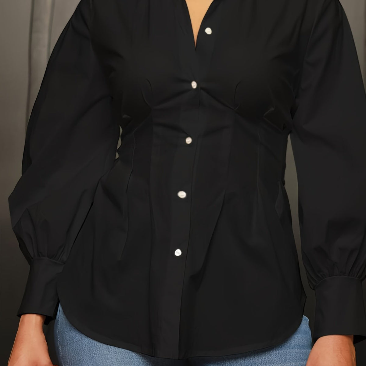  Solid Long Sleeve Button Up Collared Blouse