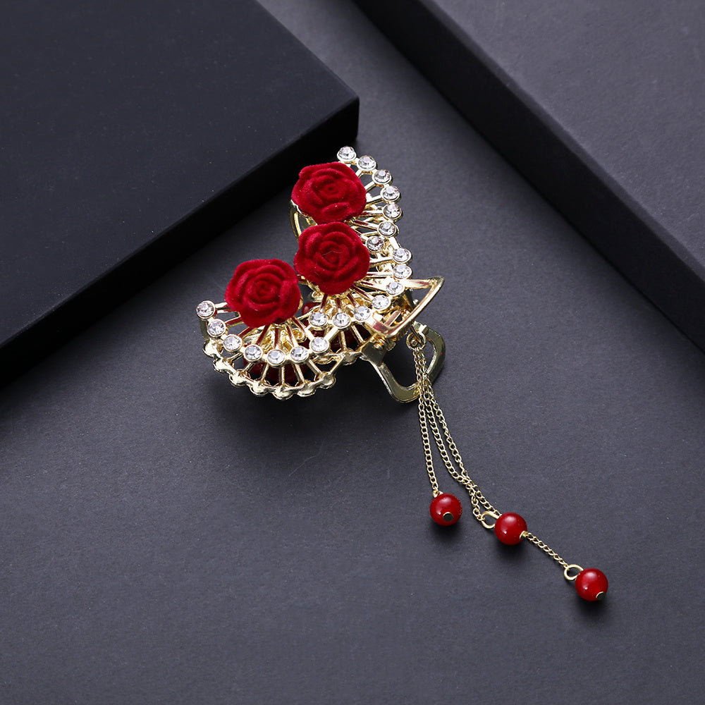 Chinese Style Rose Hair Clip Alloy Hairpin Decorated With Rhinestones Tassel