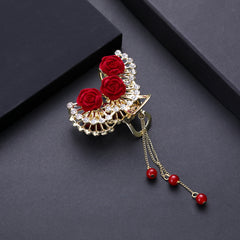 Chinese Style Rose Hair Clip Alloy Hairpin Decorated With Rhinestones Tassel