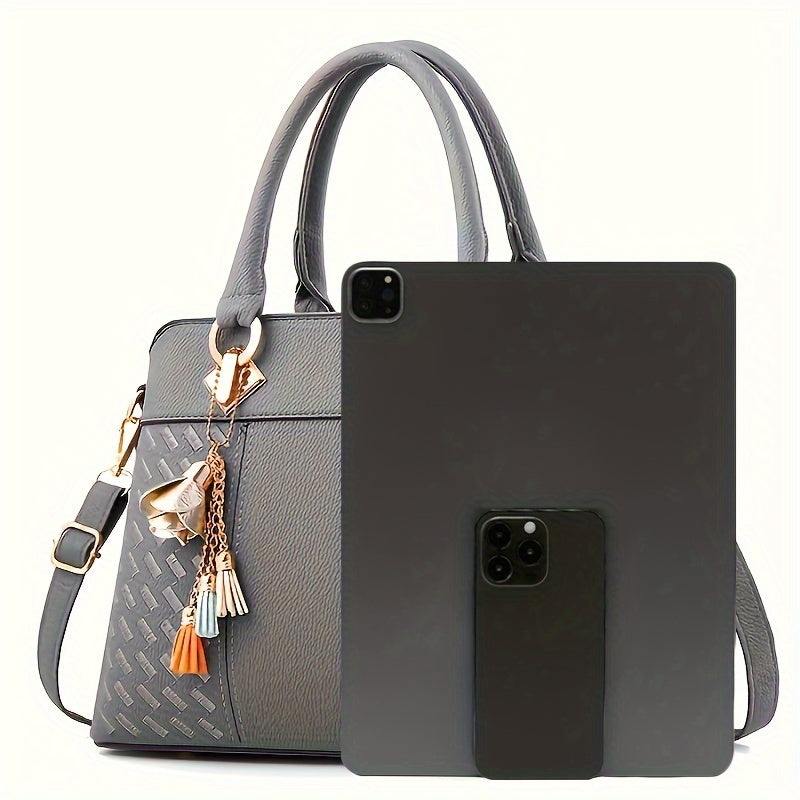 Grid Pattern Tote Handbag in PU Leather