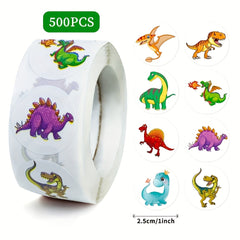 500pcs Colorful Dinosaur Sticker Roll Assorted Designs Self Adhesive Finish