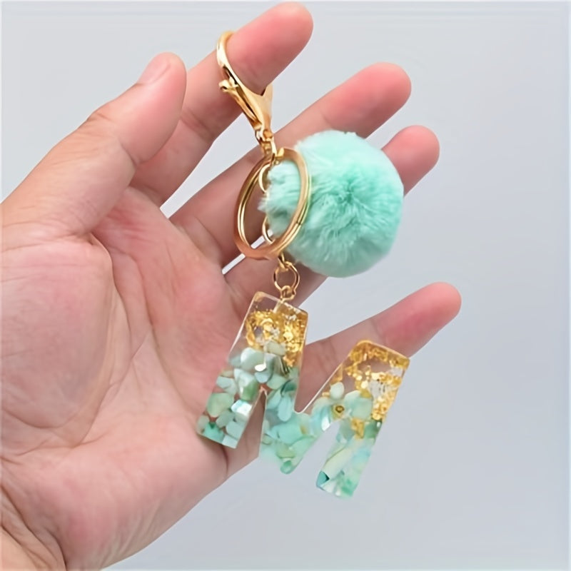 Plush Ball & Plastic Letter Keychain for Women & Girls