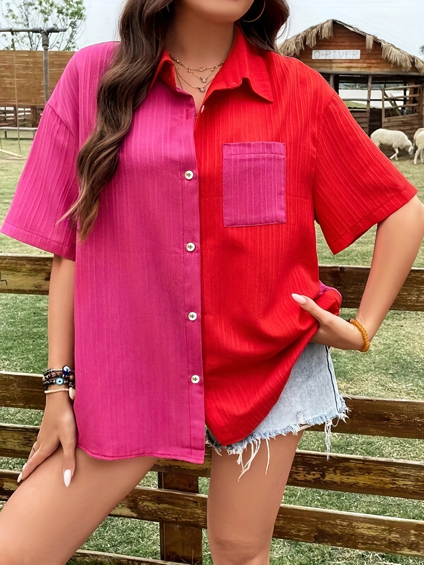  Colorblock Ribbed Short Sleeve Button Up Loose Fit Shirt