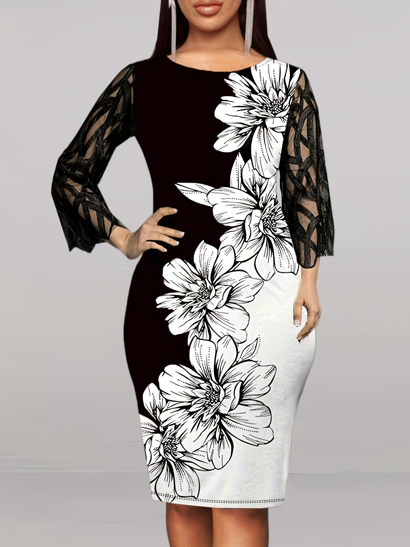  Colorblock Floral Print Long Sleeve Mesh Dress