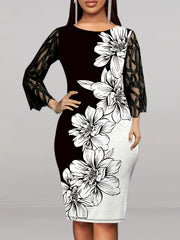  Colorblock Floral Print Long Sleeve Mesh Dress