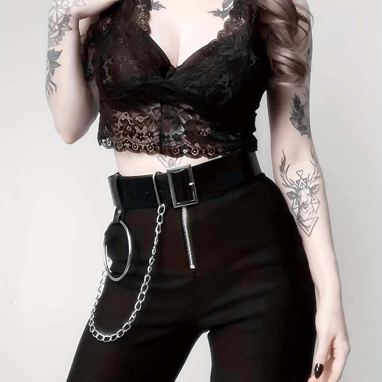 Punk Chain Ring Decor Belt PU Leather Waistband Gothic Adjustable Harness Belt