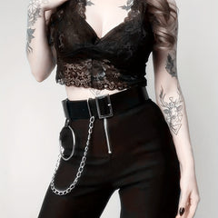 Punk Chain Ring Decor Belt PU Leather Waistband Gothic Adjustable Harness Belt