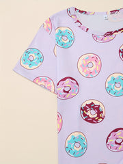 Donut Print Pajamas Set Short Sleeve Crew Neck Top & Shorts