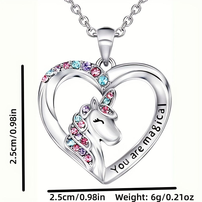 Zircon Unicorn Heart Pendant Necklace for Girls