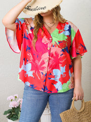  Casual Blouse Women's Plus Contrast Floral Print Half Butterfly Sleeve