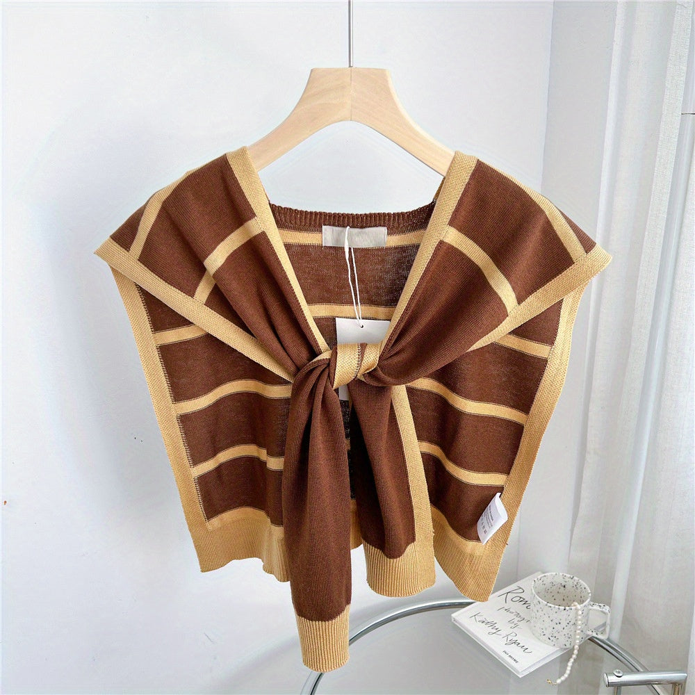 Striped Knitted Shawl Lace Up Cape Windproof Shawls False Collar