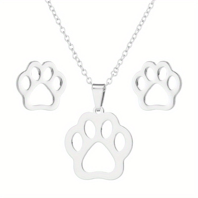 Stainless Steel Origami Cat Necklace and Earrings Set - Animal Pet Jewelry