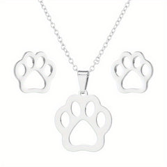 Stainless Steel Origami Cat Necklace and Earrings Set - Animal Pet Jewelry