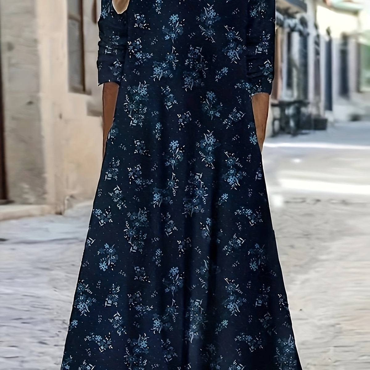  Ditsy Floral Print Long Sleeve Maxi Dress