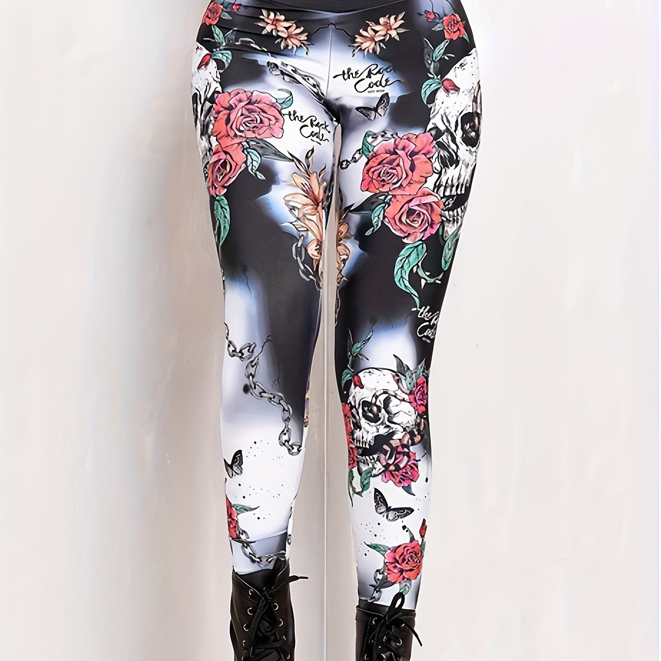  Goth Leggings Floral & Skull Print Tummy Control