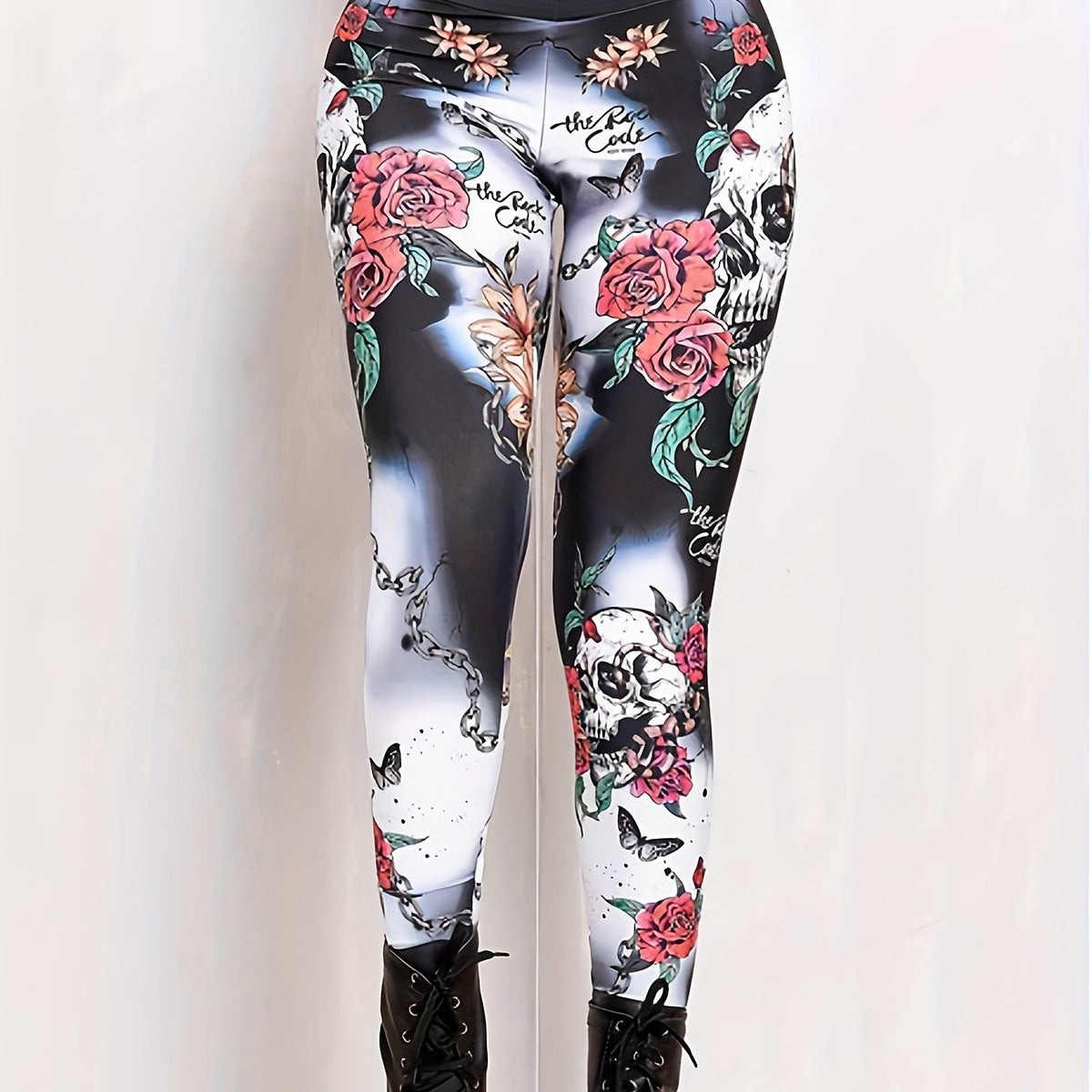  Goth Leggings Floral & Skull Print Tummy Control