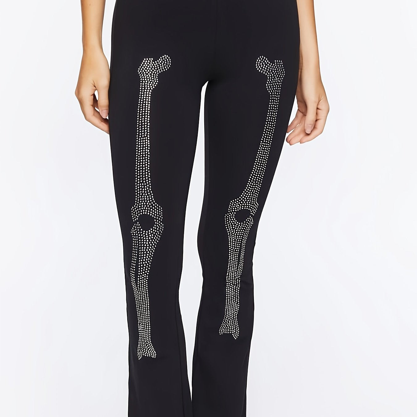  Halloween Goth Leggings Rhinestone Skull Print Flare Leggin