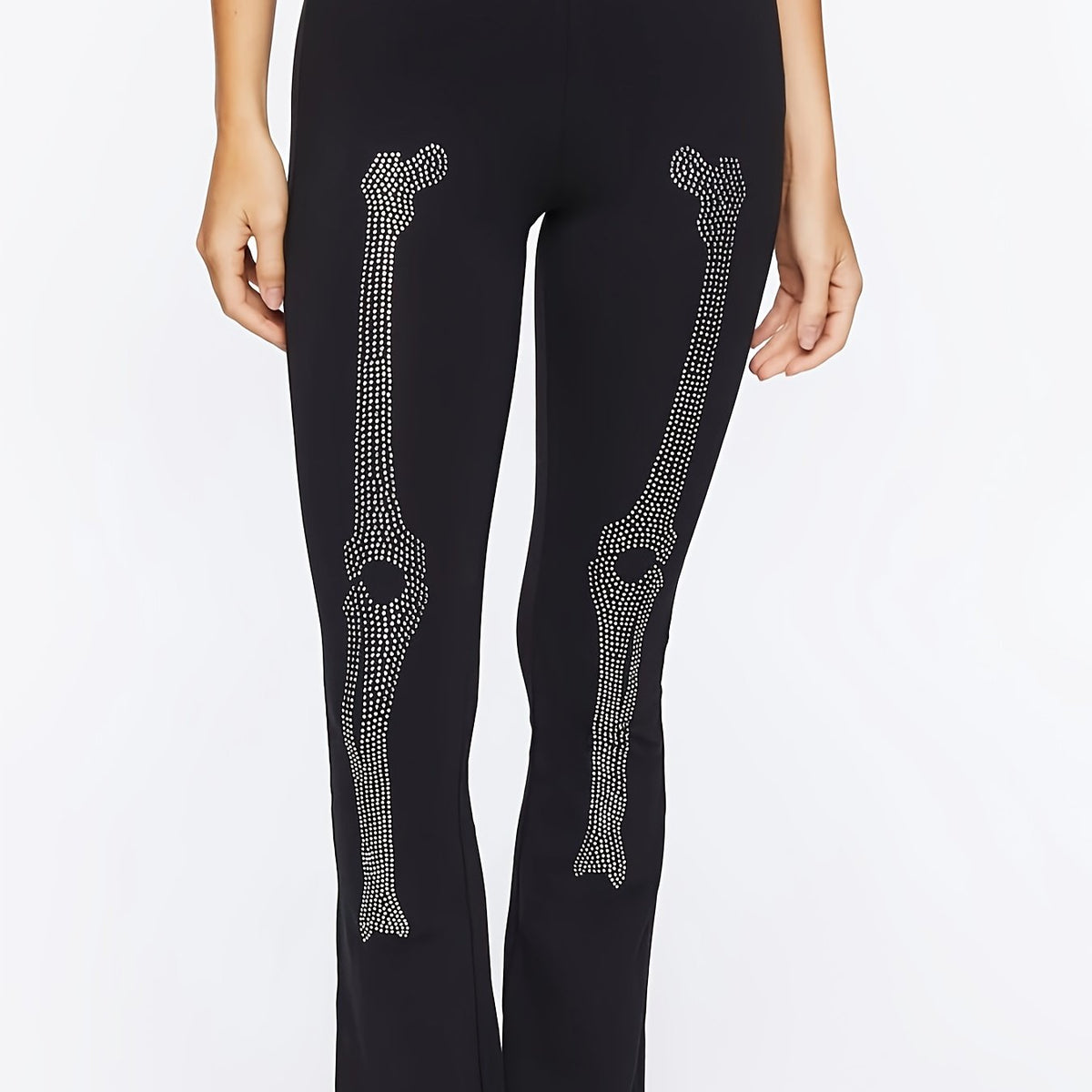  Halloween Goth Leggings Rhinestone Skull Print Flare Leggin