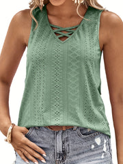  Eyelet Embroidered V Neck Tank Top