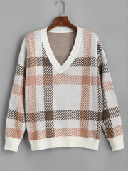  Gingham V Neck Sweater High Stretch Casual