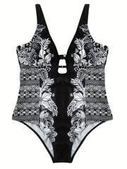  Paisley & Geo Print Halter One Piece Swimsuit