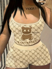 Teddy Bear Print Two Piece Set Cami Top & Slim Shorts
