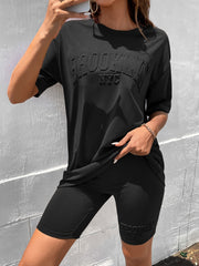 Summer Casual Coffee Brown Women's Textured Tee & Biker Shorts