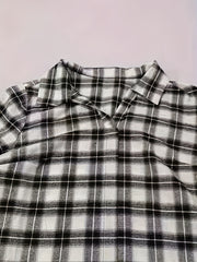  Plaid Print Roll Up Sleeve Button Up Blouse
