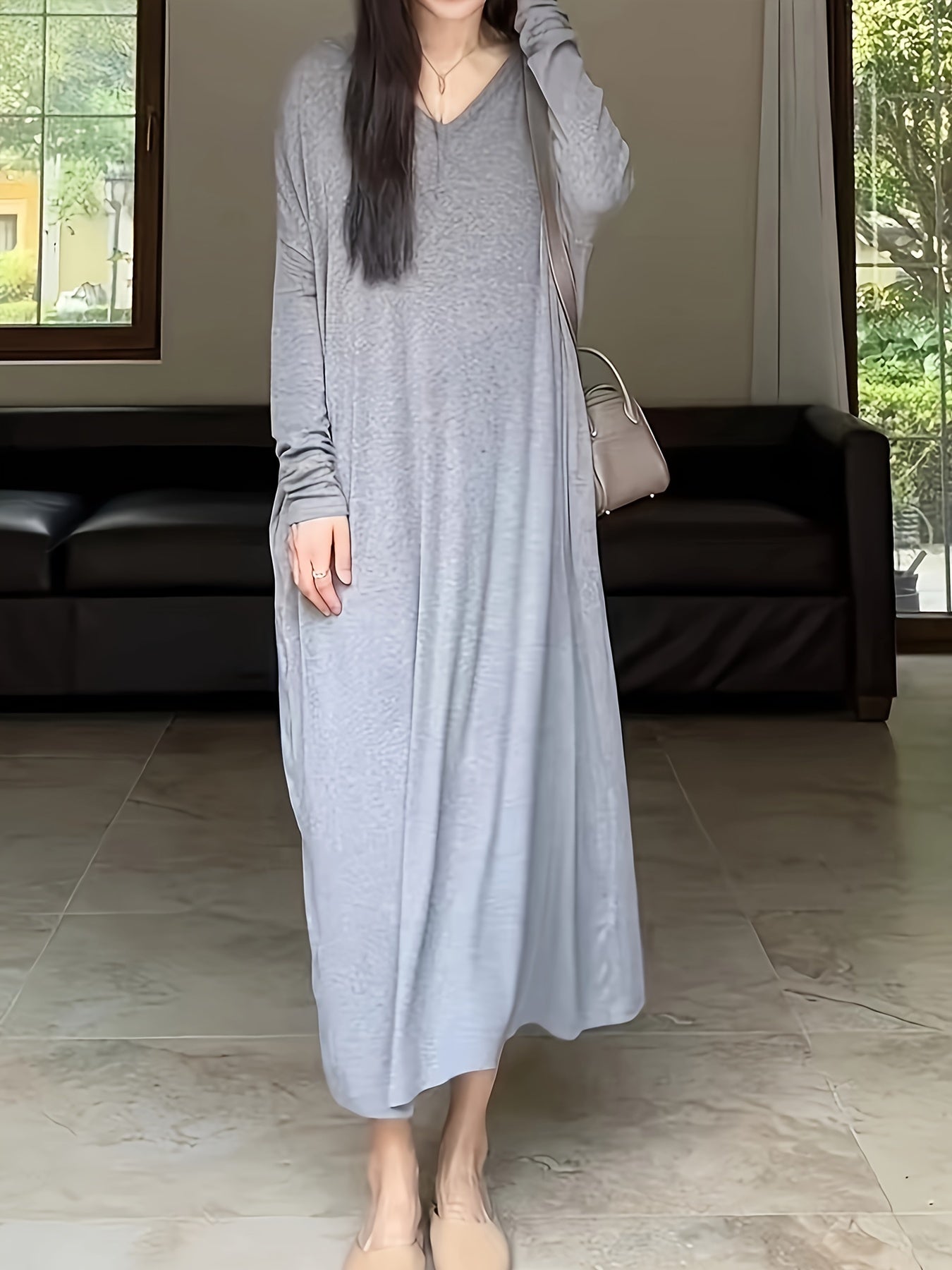  Solid Long Sleeve Maxi Dress With Pockets