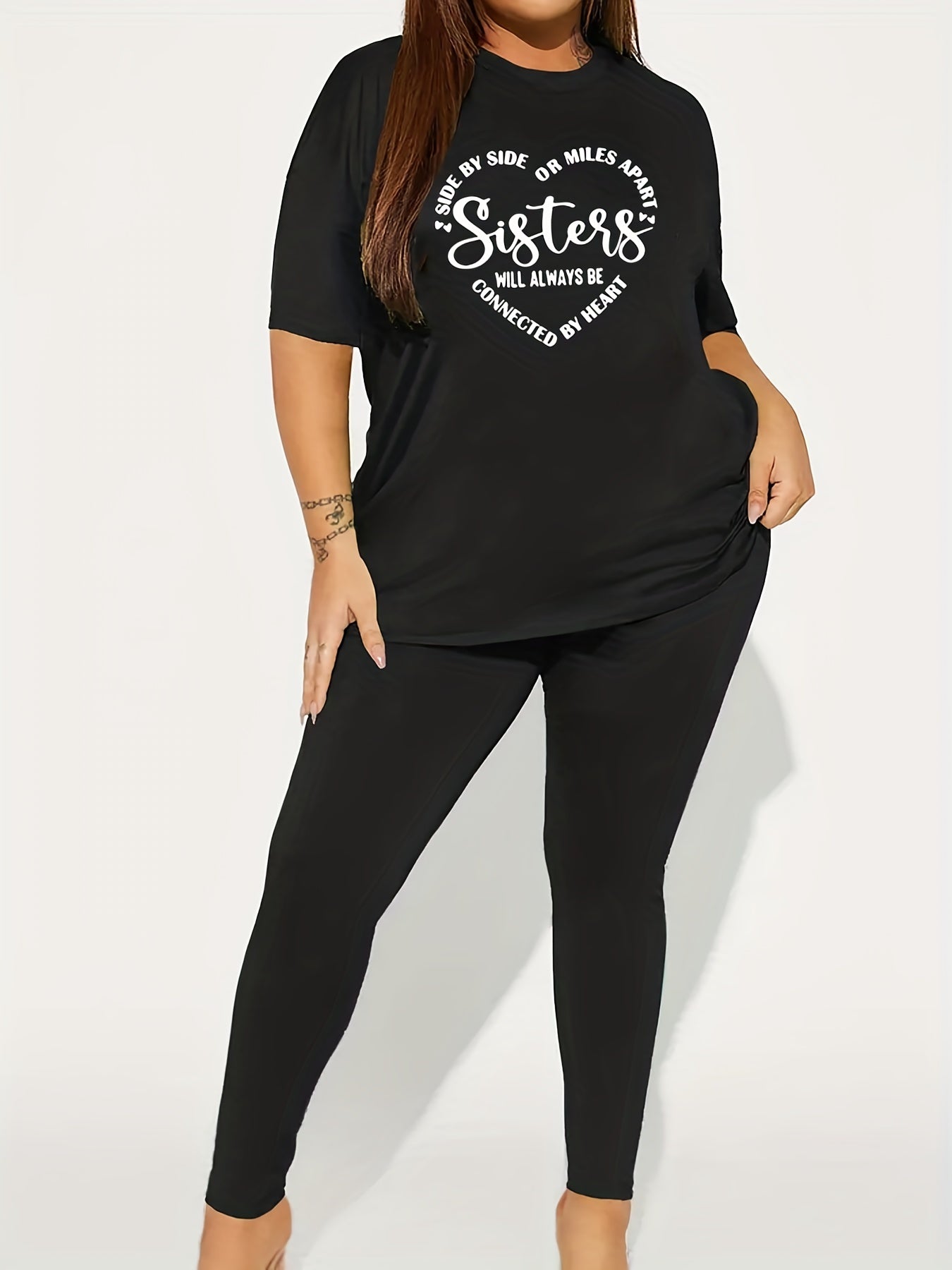  Women's 2 Piece Set Slogan & Heart Print Top & Pants
