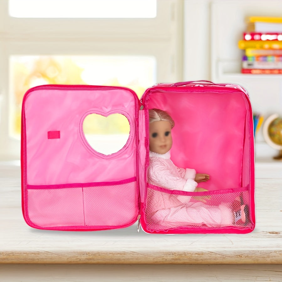 Pink Doll Carrier Backpack with Heart Window & Adjustable Straps for Toy Dolls