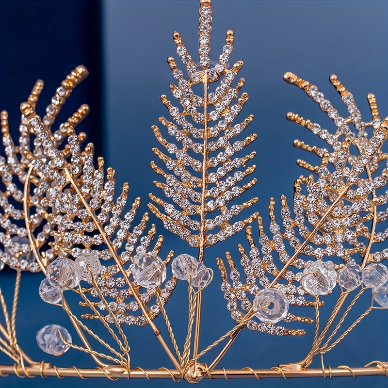 Golden Rhinestones Crown Headband Bridal Tiara Leaf Headpiece
