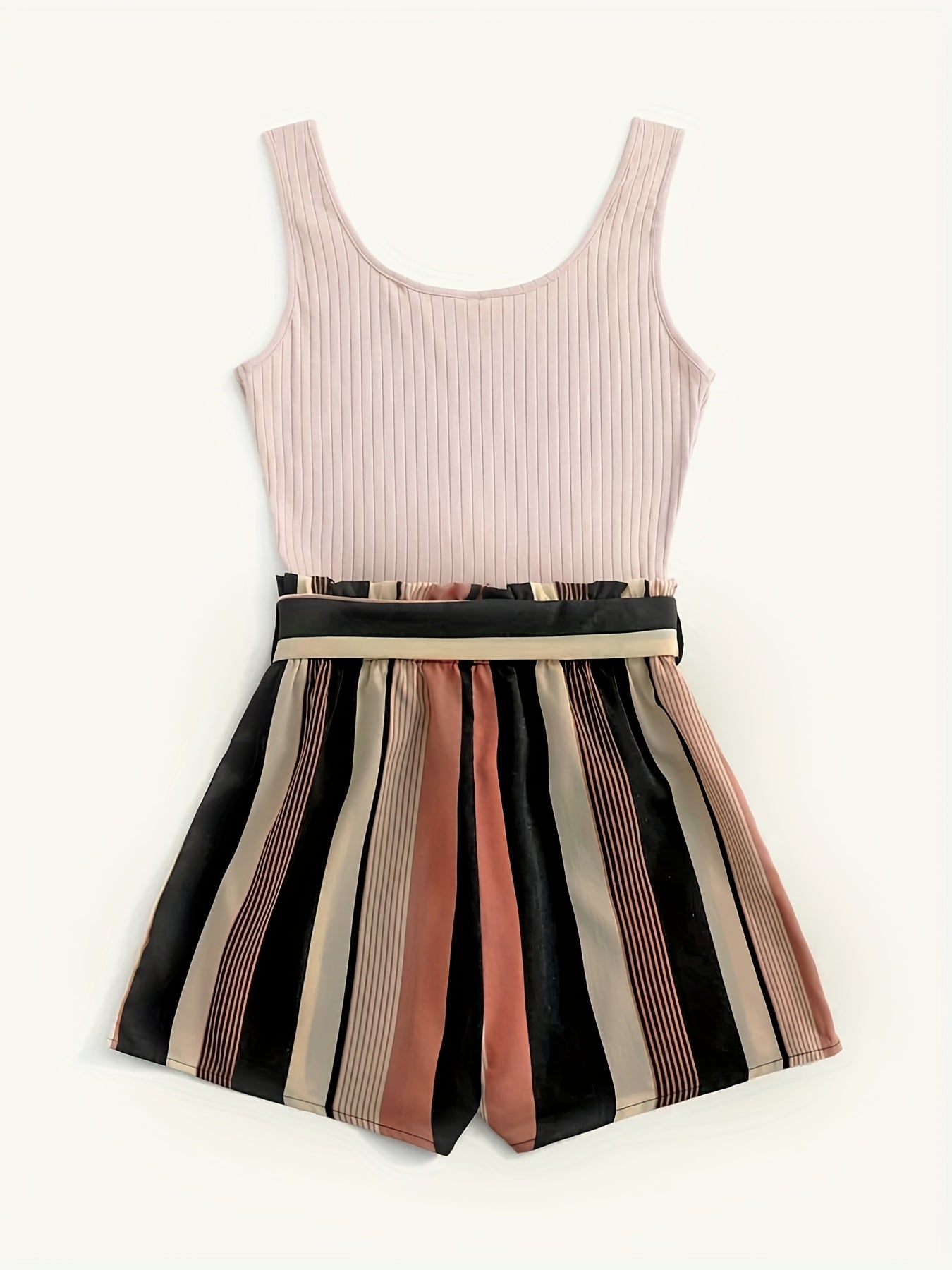 Stripe Print Belted Romper Jumpsuit Casual Sleeveless Tank Romper Jumpsuit