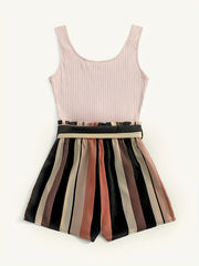 Stripe Print Belted Romper Jumpsuit Casual Sleeveless Tank Romper Jumpsuit