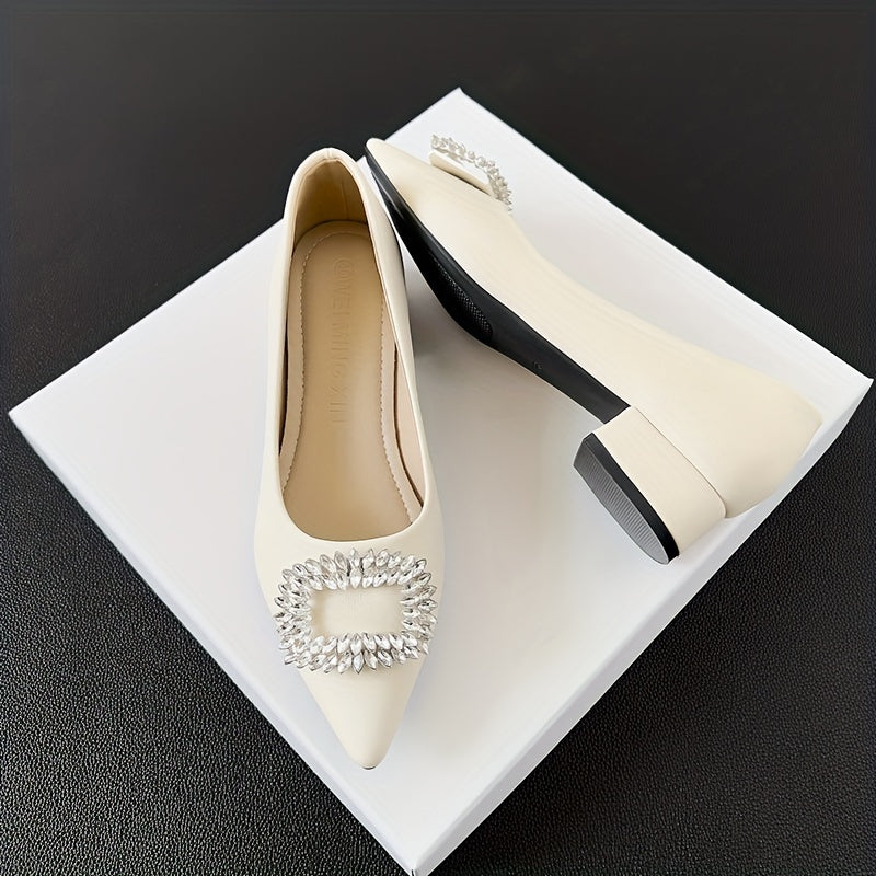 Women's Rhinestone Decor Slip On Low Point Toe Block Heel Glitter Shoes