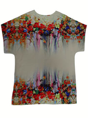  Casual Painting Print Batwing Sleeve Round Neck Blouse