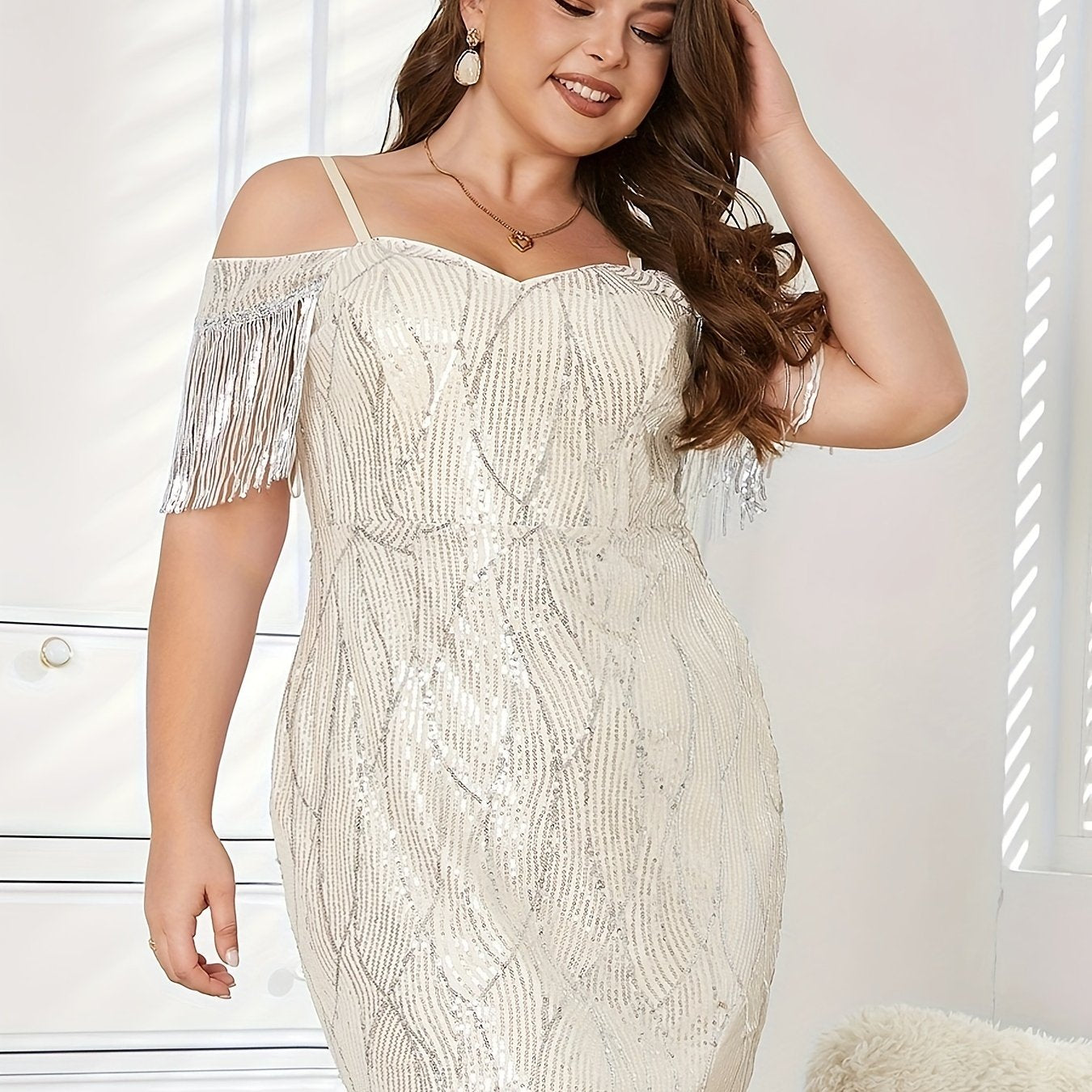  Women's Sequin Tassel Trim Cold Shoulder Midi Dress