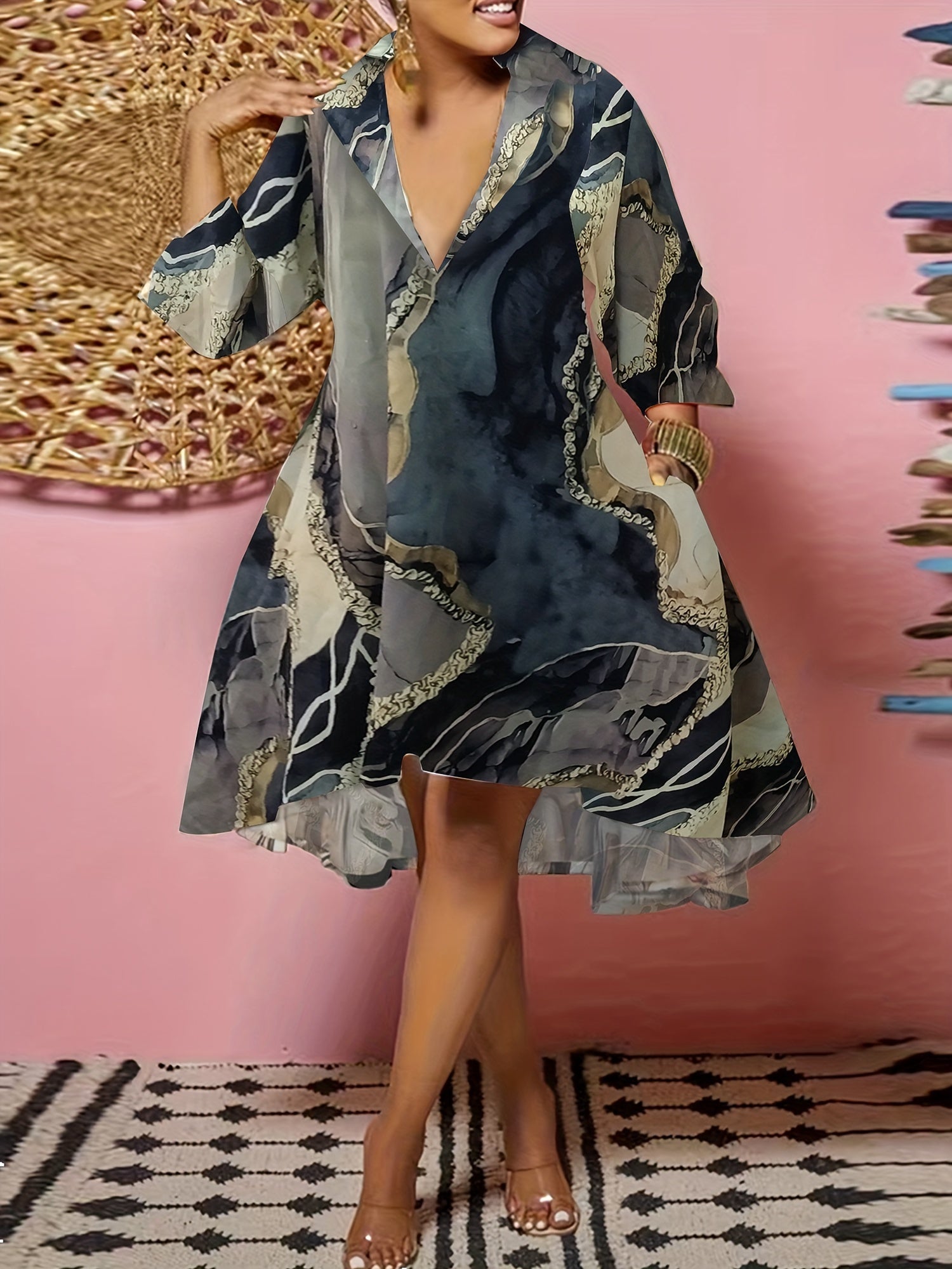  Marble Print Half Sleeve V Neck Dress With Pockets
