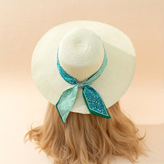 Green Floral Ribbon Decor Sun Hat Boho Beige Wide Brim Straw Hats For Women