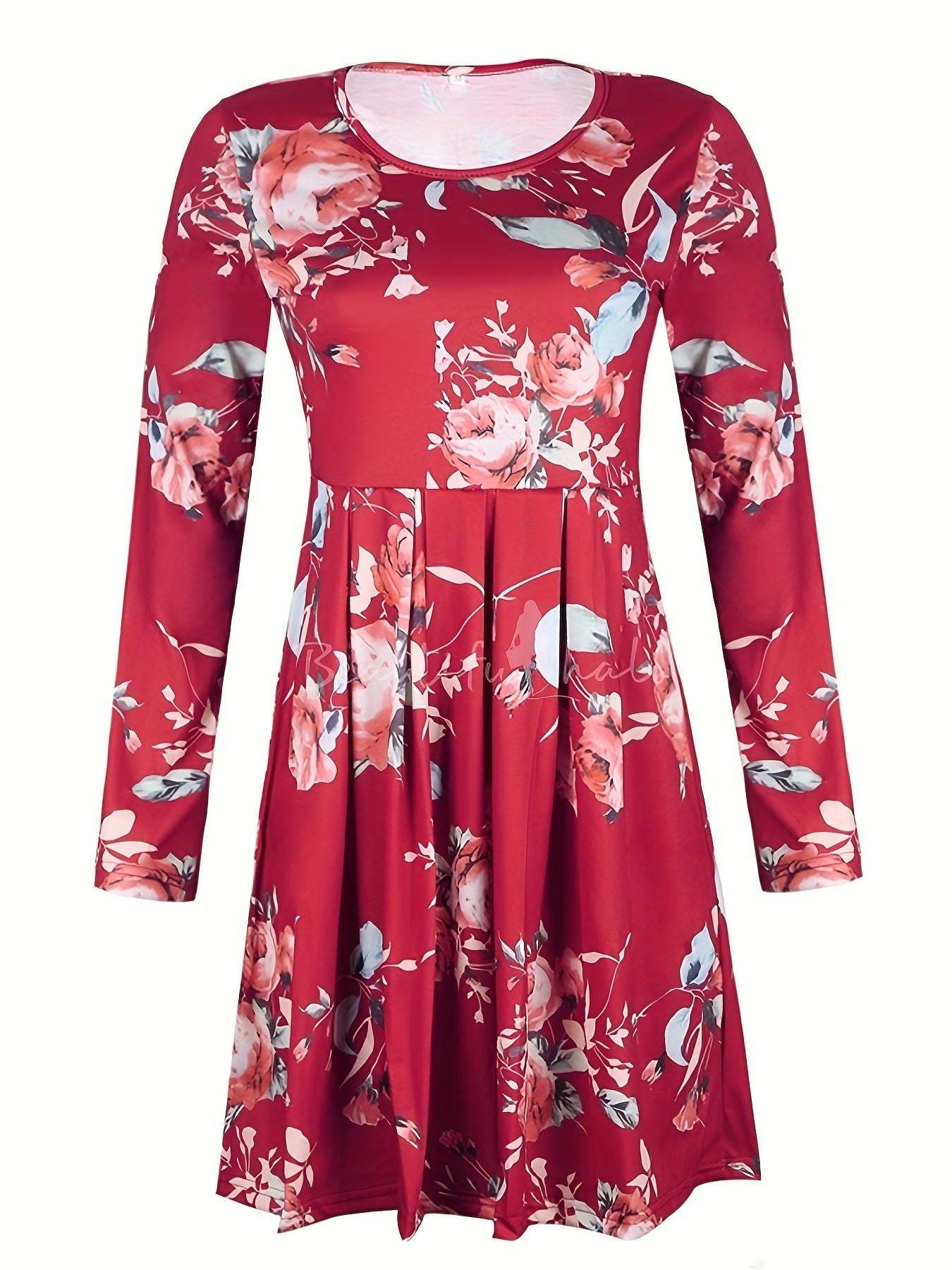  Floral Print Long Sleeve Ruched Dress